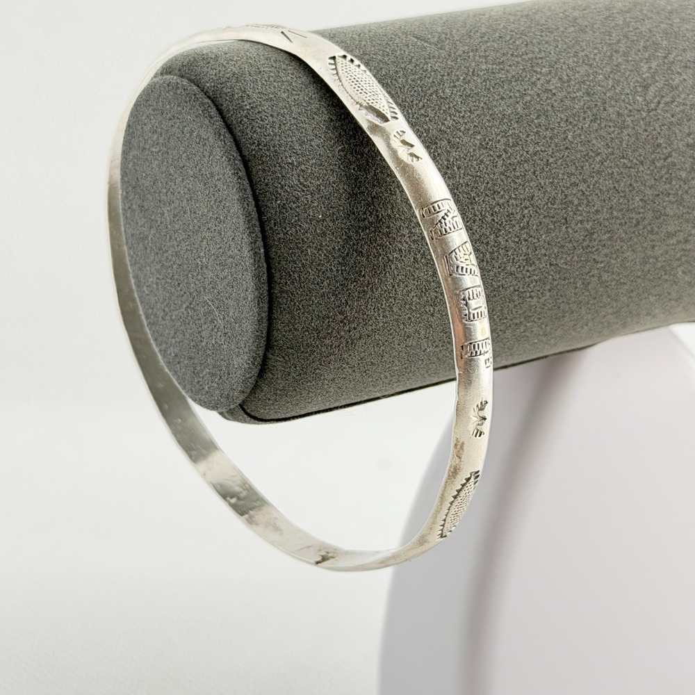 Vintage Silver Hand Stamped Bangle Bracelet 2.75in